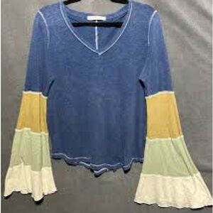 We The Free Blue V-Neck Bell Sleeve Colorblock Top